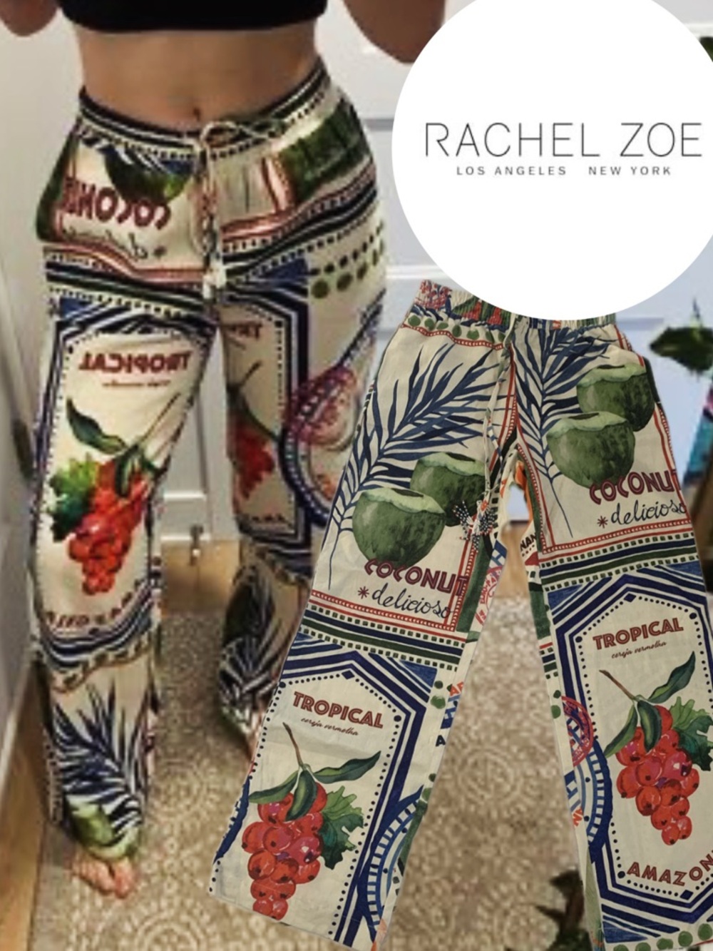 Rachel Zoe Cream Tropical-Print Linen Wide Leg Pants with colorful fruit